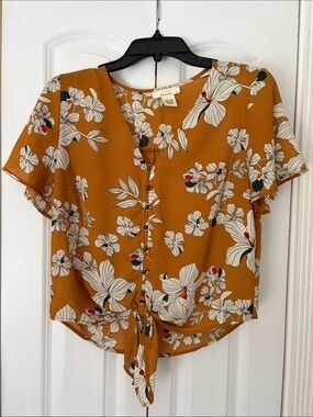 URBAN Romantics Mustard Floral Tie-Back Blouse